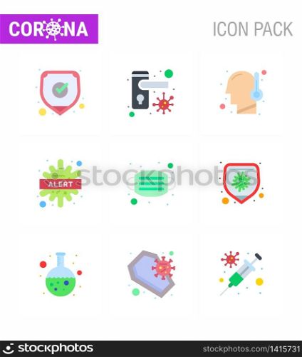 9 Flat Color coronavirus epidemic icon pack suck as face, disease, virus, bacteria, alert viral coronavirus 2019-nov disease Vector Design Elements