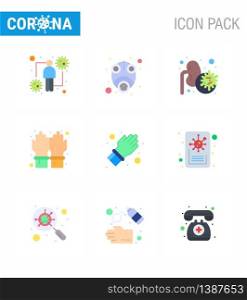 9 Flat Color Set of corona virus epidemic icons. such as secure, hand, protect, gloves, lungs viral coronavirus 2019-nov disease Vector Design Elements