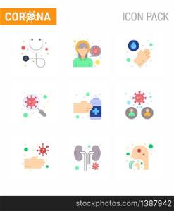 9 Flat Color Set of corona virus epidemic icons. such as gestures, magnifying, hands, interfac, devirus viral coronavirus 2019-nov disease Vector Design Elements