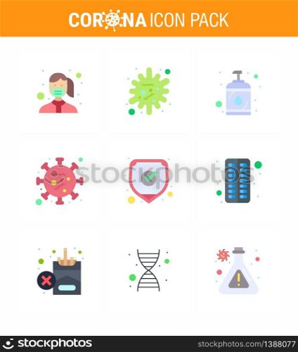 9 Flat Color Set of corona virus epidemic icons. such as microorganism, virus, infection, coronavirus, sanitizer viral coronavirus 2019-nov disease Vector Design Elements