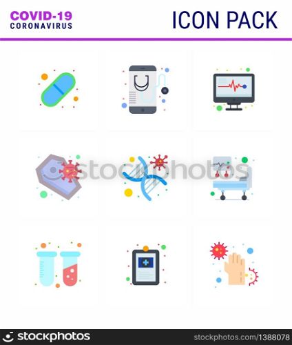 9 Flat Color Set of corona virus epidemic icons. such as dna, infection, online, death, coffin viral coronavirus 2019-nov disease Vector Design Elements