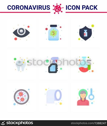 9 Flat Color Set of corona virus epidemic icons. such as spray, cleaning, protection, tooth, care viral coronavirus 2019-nov disease Vector Design Elements