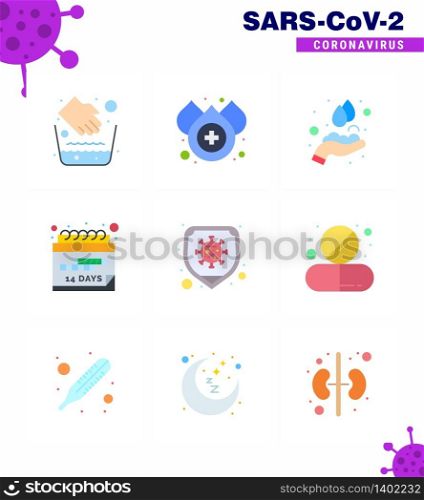 9 Flat Color Set of corona virus epidemic icons. such as protection, disease, hands, schedule, event viral coronavirus 2019-nov disease Vector Design Elements