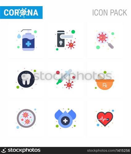9 Flat Color Set of corona virus epidemic icons. such as medical, dental, bacteria, virus, interfac viral coronavirus 2019-nov disease Vector Design Elements