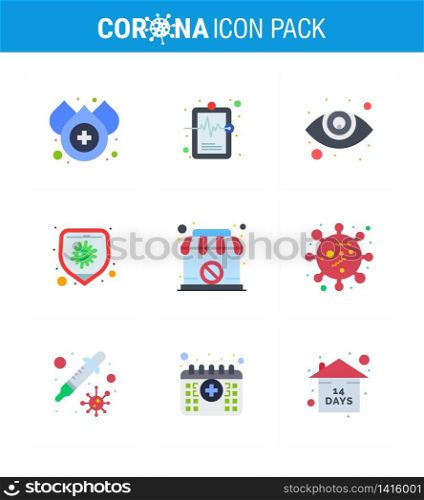 9 Flat Color Set of corona virus epidemic icons. such as banned, shop, eyesight, closed, disease viral coronavirus 2019-nov disease Vector Design Elements