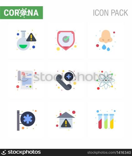 9 Flat Color Set of corona virus epidemic icons. such as emergency, rx, allergy, prescription, nose viral coronavirus 2019-nov disease Vector Design Elements