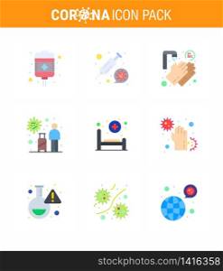 9 Flat Color Set of corona virus epidemic icons. such as bed, travel, hands, transmission, infection viral coronavirus 2019-nov disease Vector Design Elements