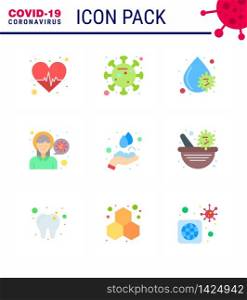 9 Flat Color Set of corona virus epidemic icons. such as hands care, sick, blood, pain, head viral coronavirus 2019-nov disease Vector Design Elements