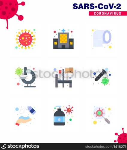 9 Flat Color viral Virus corona icon pack such as bed, microscope, hospital, laboratory, safety viral coronavirus 2019-nov disease Vector Design Elements