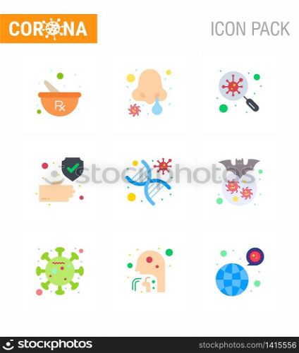 9 Flat Color viral Virus corona icon pack such as dna, protection, bacteria, hand, search viral coronavirus 2019-nov disease Vector Design Elements