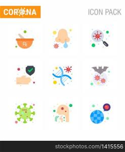 9 Flat Color viral Virus corona icon pack such as dna, protection, bacteria, hand, search viral coronavirus 2019-nov disease Vector Design Elements