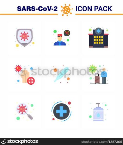 9 Flat Color viral Virus corona icon pack such as fever, hands, healthcare, disease, covid viral coronavirus 2019-nov disease Vector Design Elements