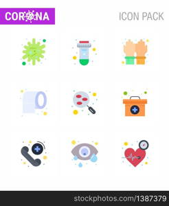 9 Flat Color viral Virus corona icon pack such as lab, safety, gloves, tissue, cleaning viral coronavirus 2019-nov disease Vector Design Elements