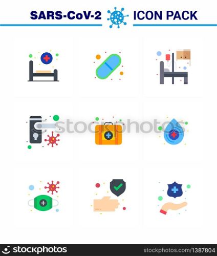 9 Flat Color viral Virus corona icon pack such as medical case, bacteria, bed, safety, doorknob viral coronavirus 2019-nov disease Vector Design Elements