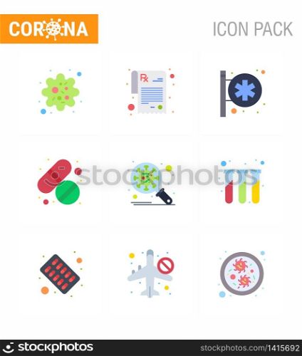 9 Flat Color viral Virus corona icon pack such as protection, bacteria, hospital signboard, care, pill viral coronavirus 2019-nov disease Vector Design Elements