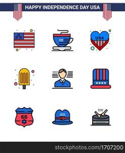 9 Flat Filled Line Signs for USA Independence Day cap  flag  love  american  ice cream Editable USA Day Vector Design Elements