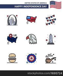 9 Flat Filled Line Signs for USA Independence Day eagle  animal  usa  american  location Editable USA Day Vector Design Elements