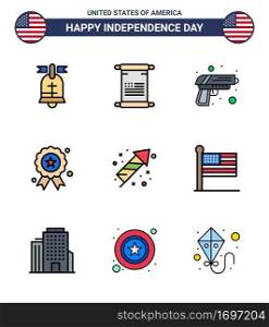 9 Flat Filled Line Signs for USA Independence Day festivity  medal  gun  independence day  holiday Editable USA Day Vector Design Elements