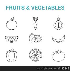 9 Fruits and vegetables line icons, vector eps10 illustration. Fruits and Vegetables Line Icons