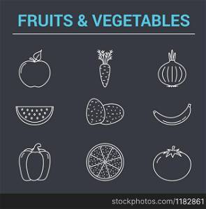 9 Fruits and vegetables line icons, vector eps10 illustration. Fruits and Vegetables Line Icons