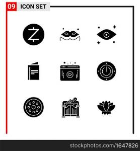 9 General Icons for website design print and mobile apps. 9 Glyph Symbols Signs Isolated on White Background. 9 Icon Pack.. Creative Black Icon vector background