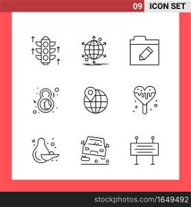 9 Icon Pack Line Style Outline Symbols on White Background. Simple Signs for general designing.. Creative Black Icon vector background