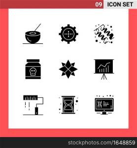 9 Icon Pack Solid Style Glyph Symbols on White Background. Simple Signs for general designing.. Creative Black Icon vector background