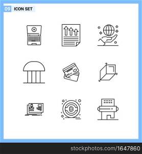 9 Icons. Line style Creative Outline Symbols. Black Line Icon Sign Isolated on White Background.. Creative Black Icon vector background