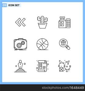 9 Icons. Line style Creative Outline Symbols. Black Line Icon Sign Isolated on White Background.. Creative Black Icon vector background