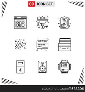 9 Icons Line Style. Grid Based Creative Outline Symbols for Website Design. Simple Line Icon Signs Isolated on White Background. 9 Icon Set.. Creative Black Icon vector background