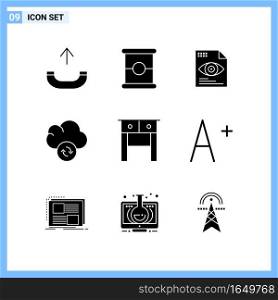 9 Icons. Solid style Creative Glyph Symbols. Black Solid Icon Sign Isolated on White Background.. Creative Black Icon vector background