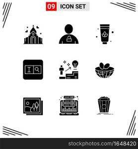 9 Icons Solid Style. Grid Based Creative Glyph Symbols for Website Design. Simple Solid Icon Signs Isolated on White Background. 9 Icon Set.. Creative Black Icon vector background