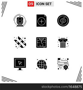 9 Icons Solid Style. Grid Based Creative Glyph Symbols for Website Design. Simple Solid Icon Signs Isolated on White Background. 9 Icon Set.. Creative Black Icon vector background
