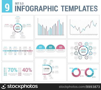 9 infographic templates - timeline, bar and line charts, pie chart, percents, steps/options, circle diagram, vector eps10 illustration. 9 Infographic Templates