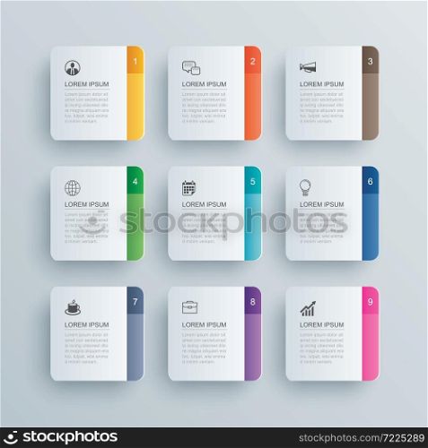 9 infographics rectangle paper index with data template. Vector illustration abstract background. Can be used for workflow layout, business step, banner, web design.