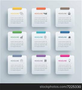 9 infographics rectangle paper index with data template. Vector illustration abstract background. Can be used for workflow layout, business step, banner, web design.