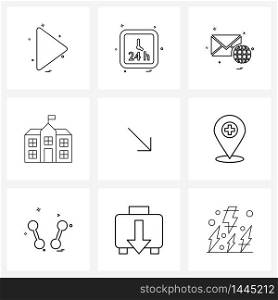 9 Interface Line Icon Set of modern symbols on arrow, school, minutes, house, sms Vector Illustration