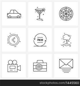 9 Interface Line Icon Set of modern symbols on back, pointer, drink, direction, meat Vector Illustration