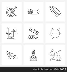 9 Interface Line Icon Set of modern symbols on bonbon, candy, sea, Christmas, phone Vector Illustration