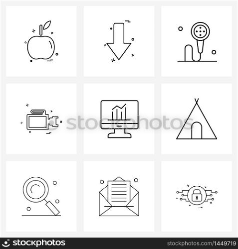 9 Interface Line Icon Set of modern symbols on camcorder, photography, camera, shower Vector Illustration