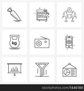 9 Interface Line Icon Set of modern symbols on camera, fitness, drone, kg, technology Vector Illustration