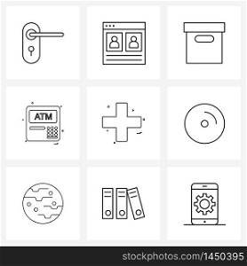 9 Interface Line Icon Set of modern symbols on cd, ui s, document, user interface, money Vector Illustration