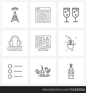 9 Interface Line Icon Set of modern symbols on eBook, headphone, website, education, glass Vector Illustration