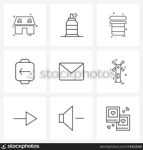 9 Interface Line Icon Set of modern symbols on envelope, message, dustbin, left, watch Vector Illustration