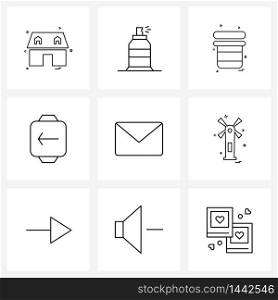 9 Interface Line Icon Set of modern symbols on envelope, message, dustbin, left, watch Vector Illustration