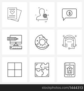 9 Interface Line Icon Set of modern symbols on food, scale, chat, pen, monitor Vector Illustration