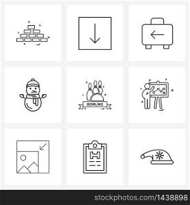 9 Interface Line Icon Set of modern symbols on games, Christmas, set, snowman, arrow left Vector Illustration