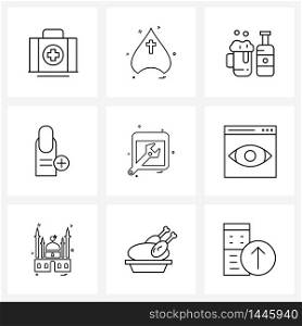 9 Interface Line Icon Set of modern symbols on gear, medical, alcohol, manicure, French Vector Illustration