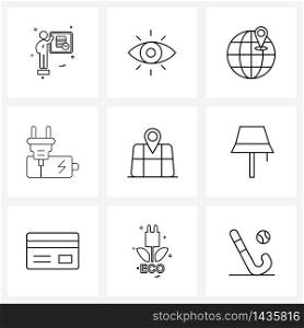 9 Interface Line Icon Set of modern symbols on gps, country, pointer, plug, charging Vector Illustration
