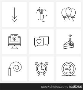 9 Interface Line Icon Set of modern symbols on heart, love, love, chatting, shield Vector Illustration